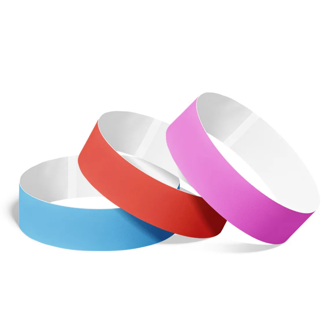 Light blue, red, and light purple Tyvek wristbands