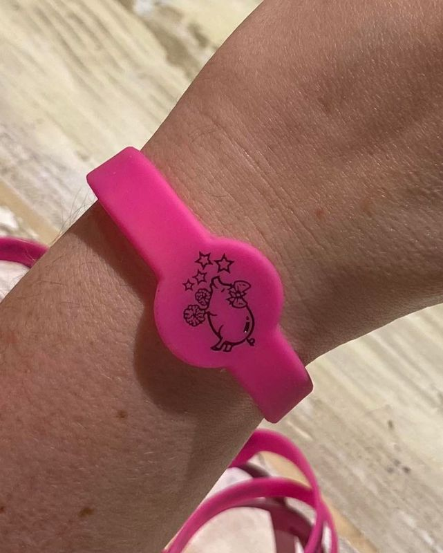 person wearing pink bracelet with a cute pig symbol