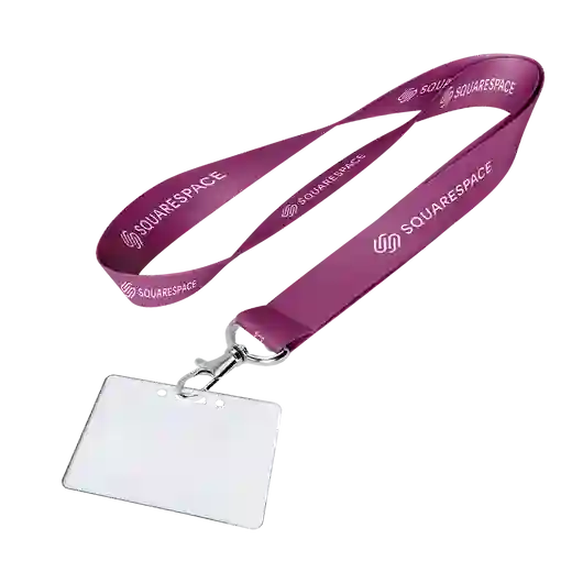 Purple lanyard with logo, metal clip, blank badge
