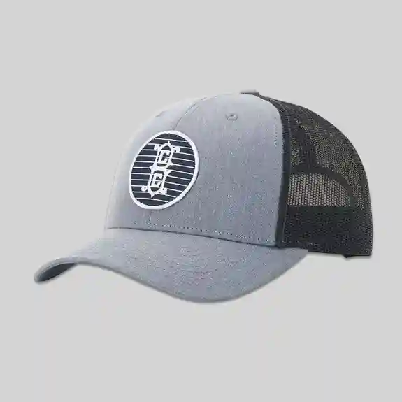 Gray and black trucker cap with circular logo emblem