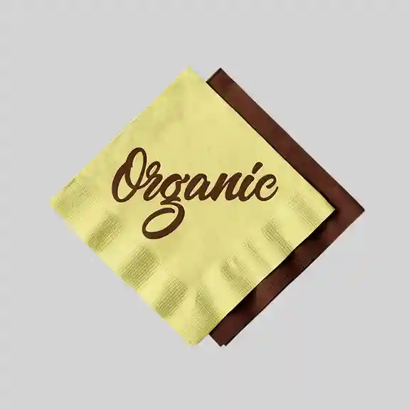 Yellow napkin with brown text reading Organic displayed