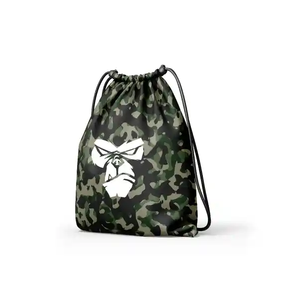 Small camo drawstring bag with white skull design