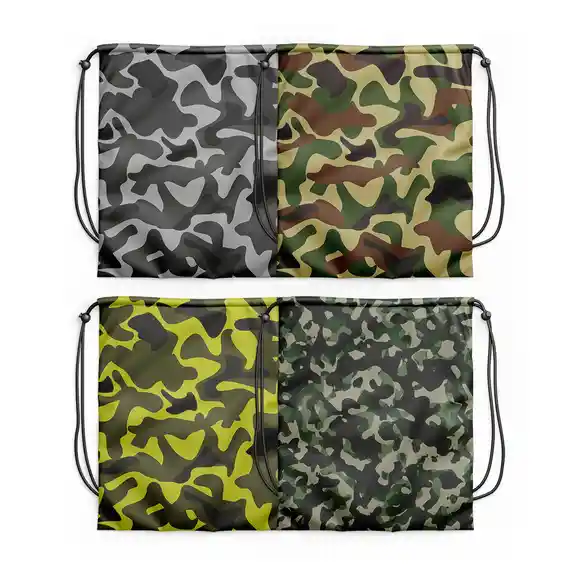 Four camo drawstring backpacks in different color variations