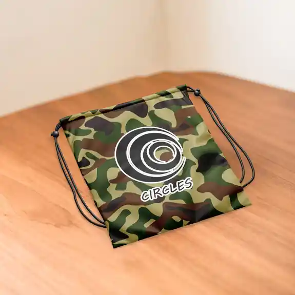 Camouflage drawstring backpack with white Circles logo