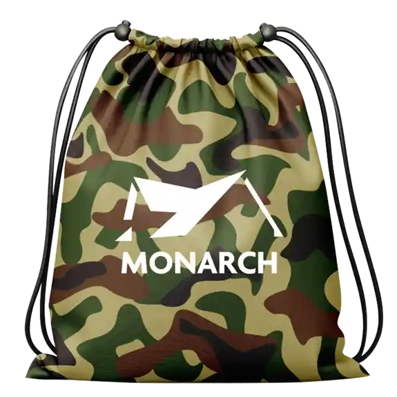 Camouflage drawstring backpack with white Monarch logo