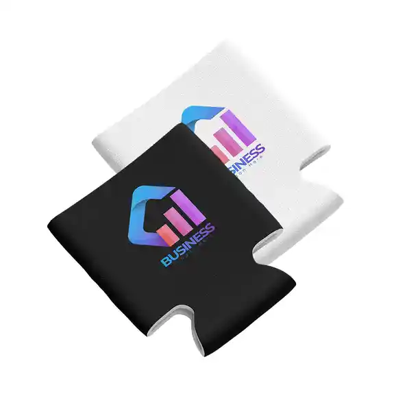 Two koozies displaying business growth chart logo