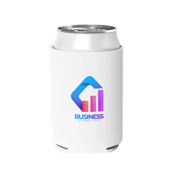 White beverage can with colorful business growth chart logo