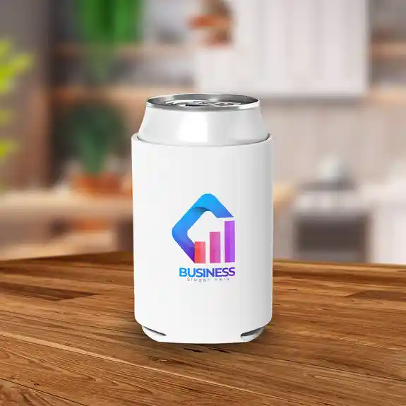 White can with colorful business chart logo designed koozie