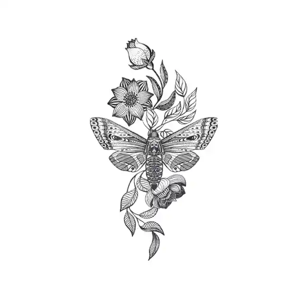 Custom tattoo of butterfly drawing surrounded by flowers