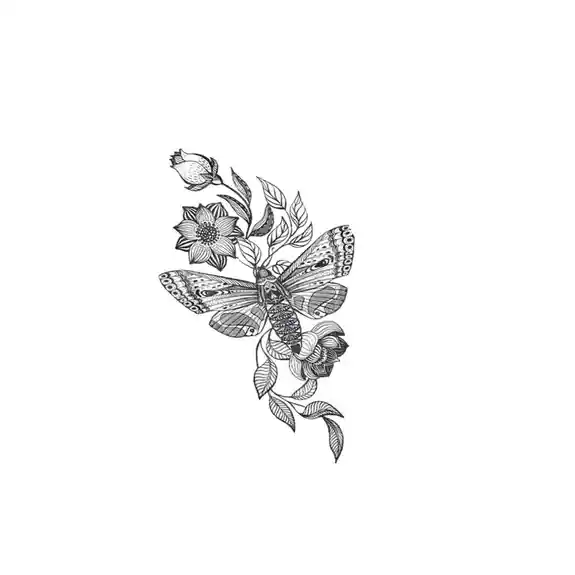 Black and white tattoo of butterfly with flowers