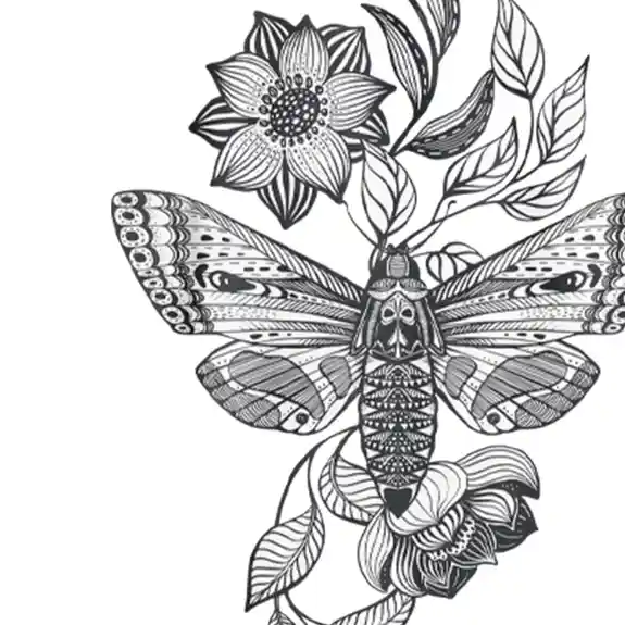 Decorative moth with patterned wings among botanical flowers