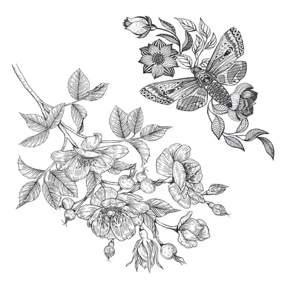 Pen sketch of butterfly surrounded by flowers