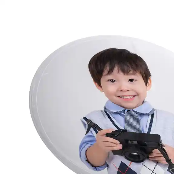 Photo button pin of smiling boy with camera