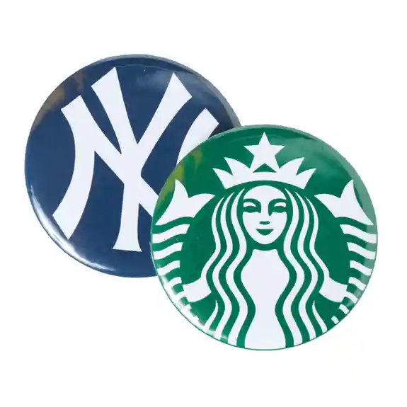 New York Yankees and Starbucks logo buttons together