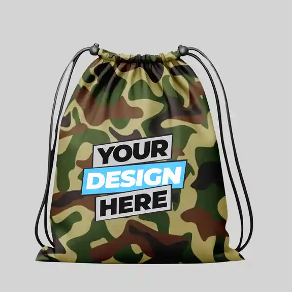 Camouflage drawstring bag with customizable design area