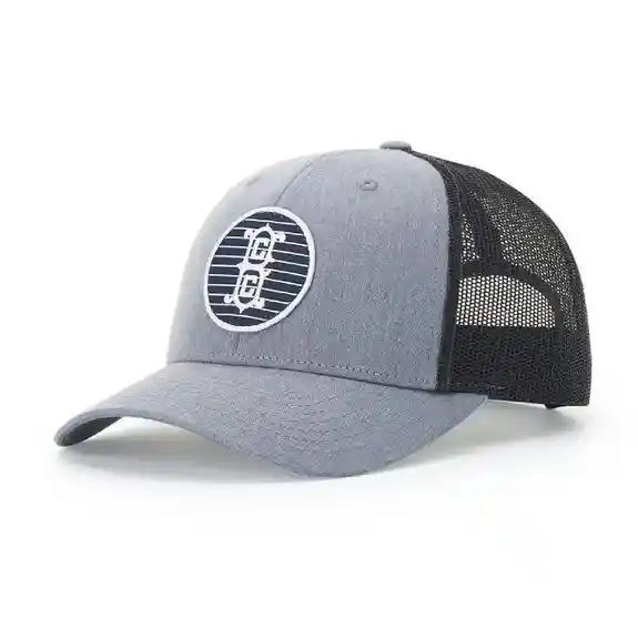 Gray and black trucker hat with circular logo