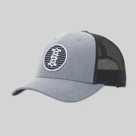 Gray and black trucker cap with circular logo emblem