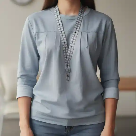 Woman wearing light blue shirt with lanyard