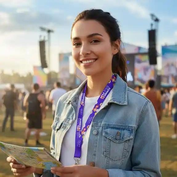 Woman wearing purple lanyard holding map at festival