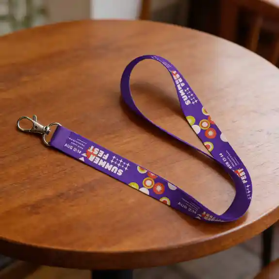 Purple Summer Fest lanyard with colorful fruit design displayed