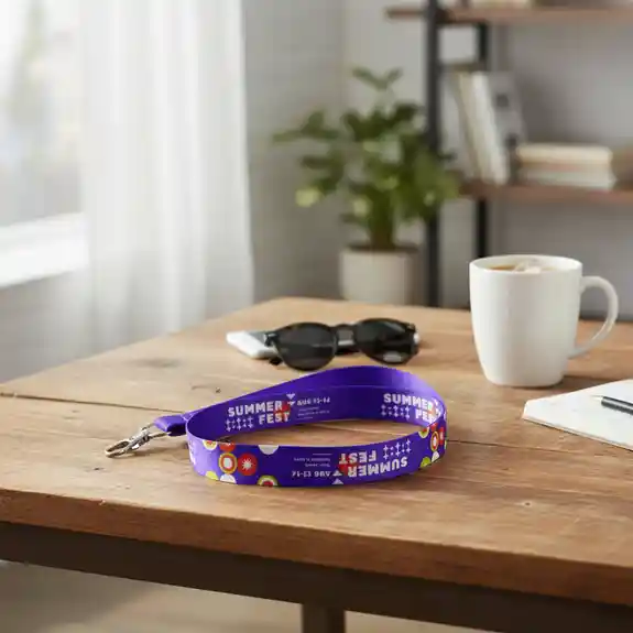 Purple Summer Fest lanyard with colorful design on desk