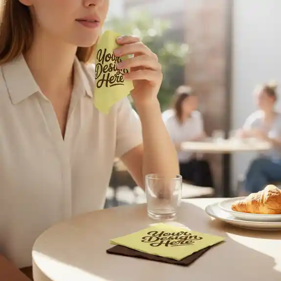 Woman holding yellow napkin mockup at café table