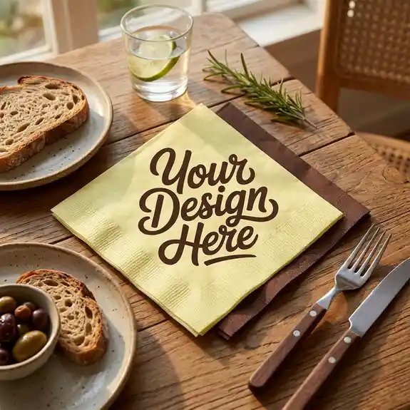Yellow napkin mockup on wooden table with food