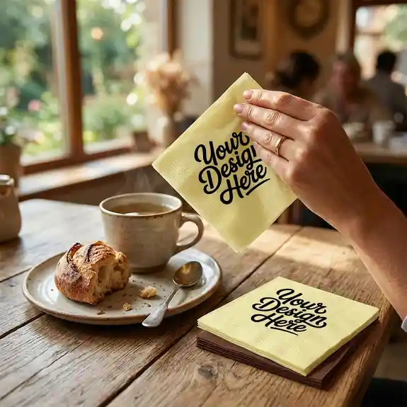 Hand holding yellow napkin mockup near pastry