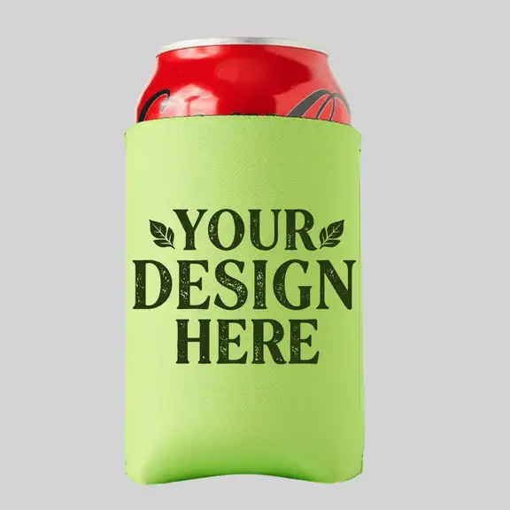 A green neoprene wedding can cooler printed with "Your Design Here" on a can.