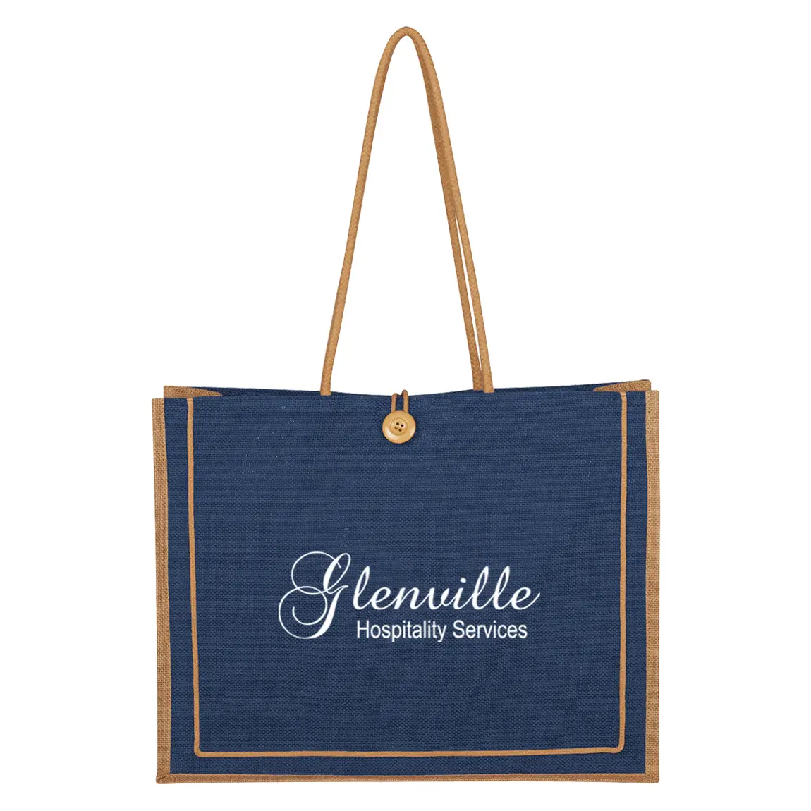 Branded navy jute tote bag with button closure