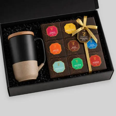 9-Piece Ground Coffee Assortment Gift Set with 16oz Tahoe Ceramic Mug & Wood Lid