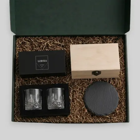 Whiskey Rocks Glass with Slate Coasters & Vintage Wooden Pine Rectangle Storage Box