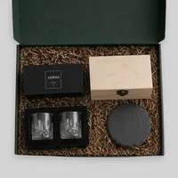 Whiskey Gift Set – Rocks Glasses, Slate Coasters & Wood Box