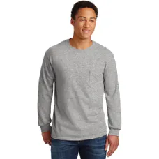 Gildan - Ultra Cotton 100% Cotton Long Sleeve T-Shirt with Pocket - Light/Heather