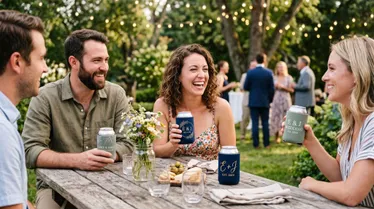 Adults enjoying drinks at an outdoor wedding reception with personalized wedding koozies