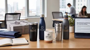 Promotional drinkware featuring custom-branded tumblers, water bottles, mugs, and travel cups for corporate gifting. 