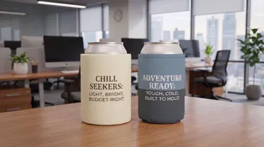Custom foam and neoprene can coolers displayed side by side, showcasing different materials and designs for beverage insulation. 