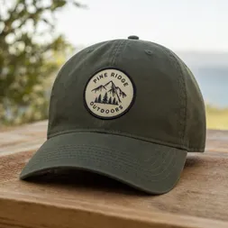 Olive green baseball cap with a round embroidered Pine Ridge Outdoors patch on the front panel.