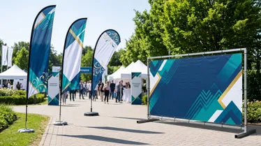 Custom flags and banners displayed side by side at an outdoor event, showcasing designs for event branding, visibility, and promotion.