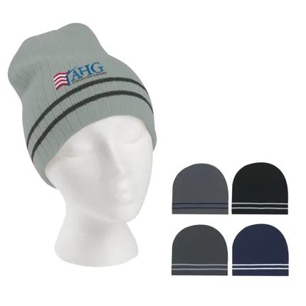 Ribbed Knit Beanie with Double Stripe
