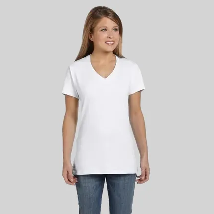 Hanes Ladies' 4.5 oz. Ringspun Cotton nano-T V-neck T-Shirt - White/Neutral