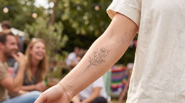 Semi-permanent floral tattoo on a forearm, illustrating a temporary tattoo design and its lasting appearance. 