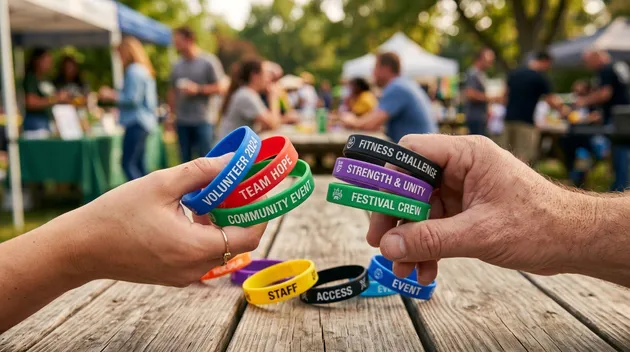 Colorful custom silicone wristbands displayed for a comparison of silicone vs. rubber wristbands.