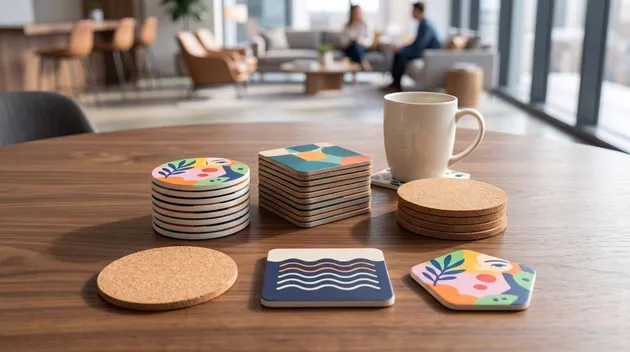 Custom promotional coasters displayed alongside a coffee mug 