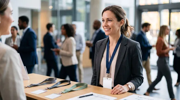  Professional event staff wearing custom lanyards, illustrating nylon, polyester, and eco-friendly lanyard options for events and businesses.