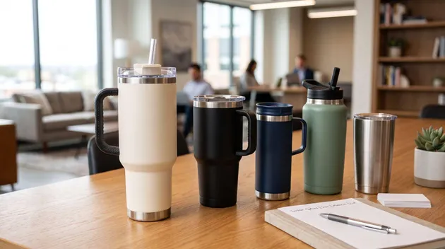Assorted tumblers displayed side by side for comparing Stanley with competing drinkware options for custom branding. 