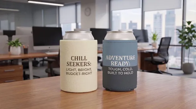 Custom foam and neoprene can coolers displayed side by side, showcasing different materials and designs for beverage insulation. 