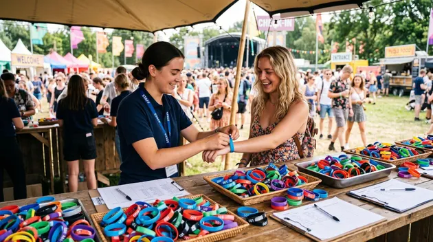 Staff member fastening custom wristbands on an attendee at an event, with bulk wristbands prepared for event distribution.