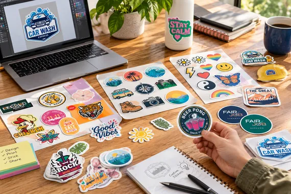Custom sticker sheets and die-cut stickers with colorful logos and illustrations spread across a wooden desk beside a laptop showing a sticker design