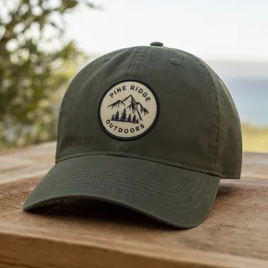 Olive green baseball cap with a round embroidered Pine Ridge Outdoors patch on the front panel.